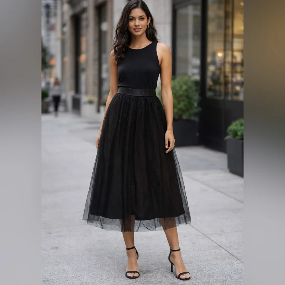 Elegant Black Tulle Midi Skirt - Women's with embellished shine Polk a dots - Picture 1 of 6
